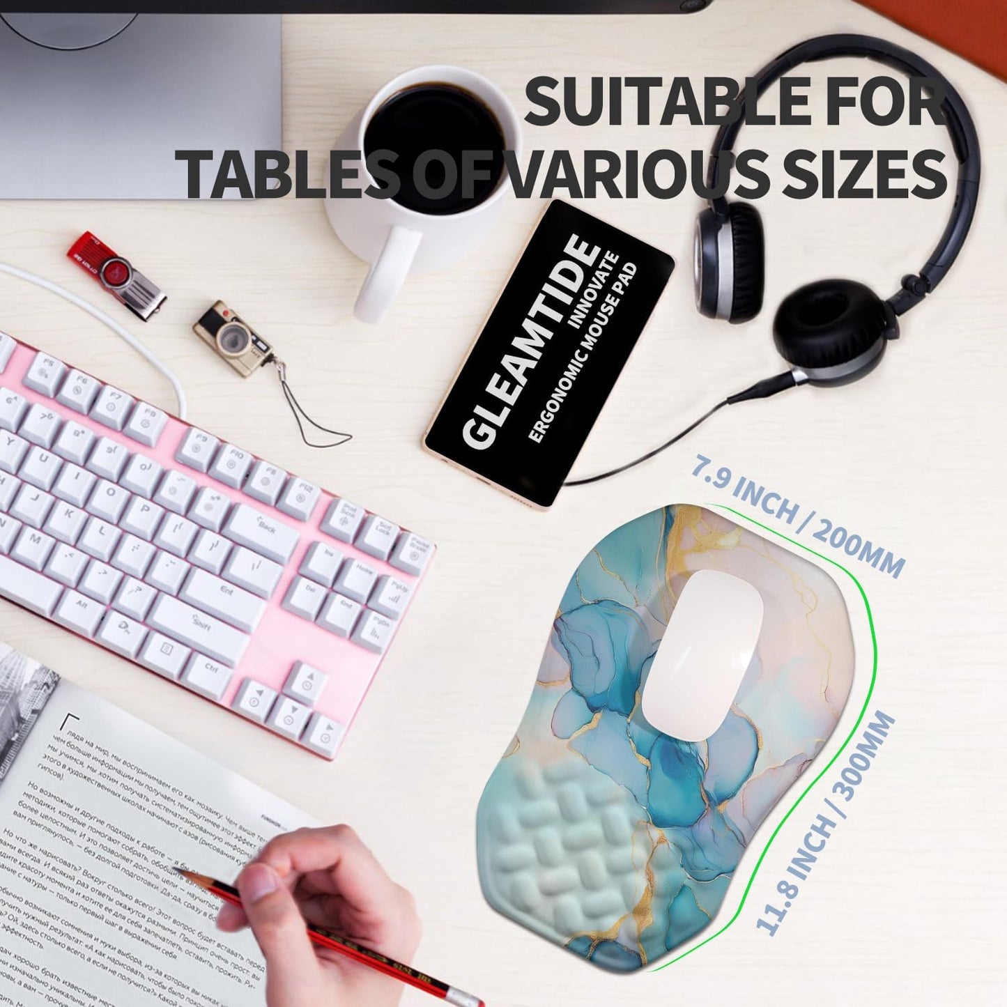 Ergonomic Raised Mouse Pad Wrist Support with Bilateral Slope Memory Foam Mousepad for Wrist Rest and Carpal Tunnel Pain Relief 11.8x7.9〃Blue Marble