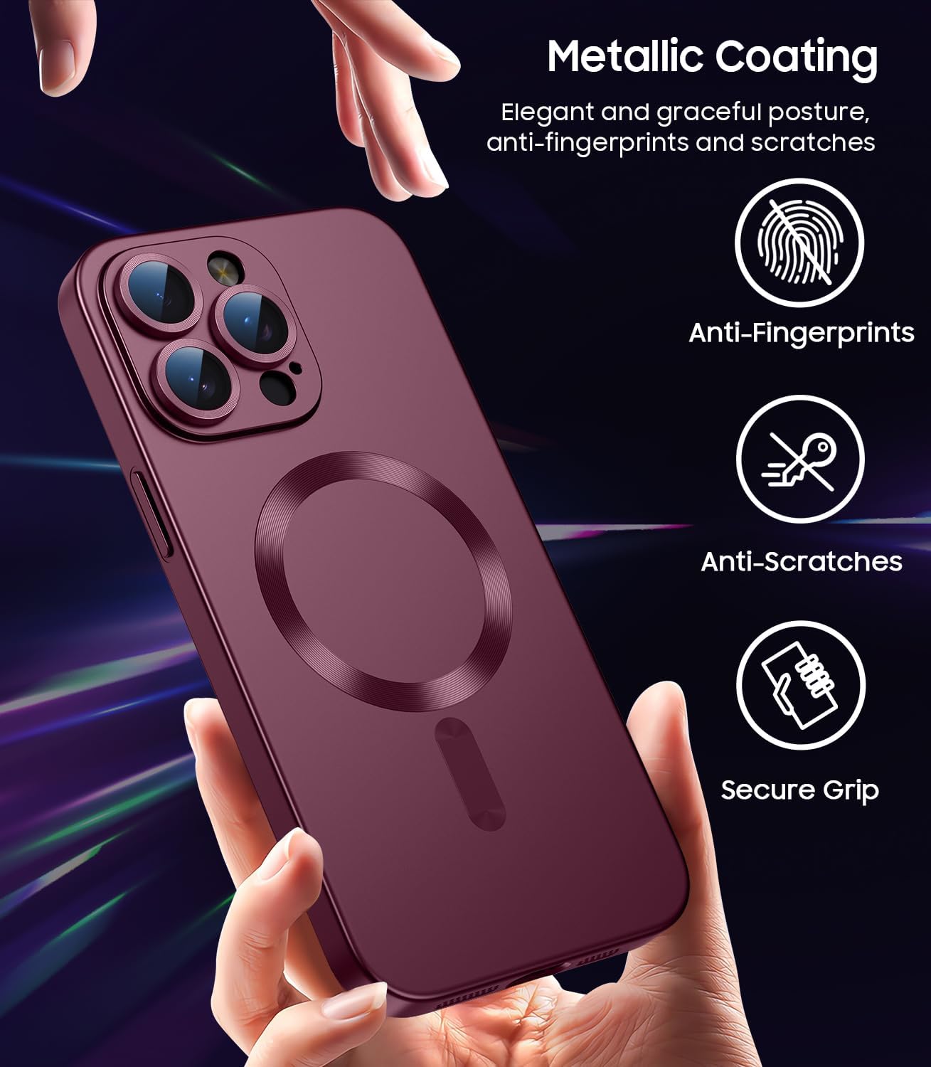 Magnetic for iPhone 14 Pro Max Case [Compatible with MagSafe][Built-in Camera Lens Protector] Slim Soft TPU Bumper Shockproof Metallic Luster Phone Case (Burgundy)