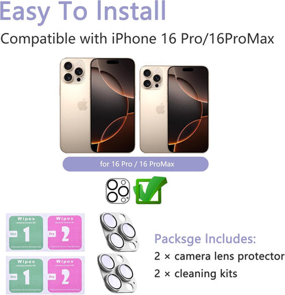 2 Pack Camera Lens Protector for iPhone 16 Pro/iPhone 16 Pro Max,[Not Easy to Breakn ] AR Tempered Glass Strong Adsorption Metal Camera Cover Screen-Silvery
