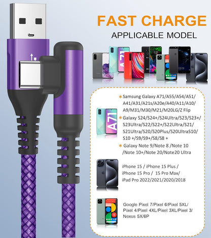 sweguard USB C Cable Right Angle [3Pack, 10FT+6.6FT+3.3FT], USB Type C iPhone 16 Charger Cable Nylon Braided Cord for iPhone 15 16 Pro Max Plus, Samsung Galaxy S25 S24 S23 S22 S21 S10 Note 20 10,Moto