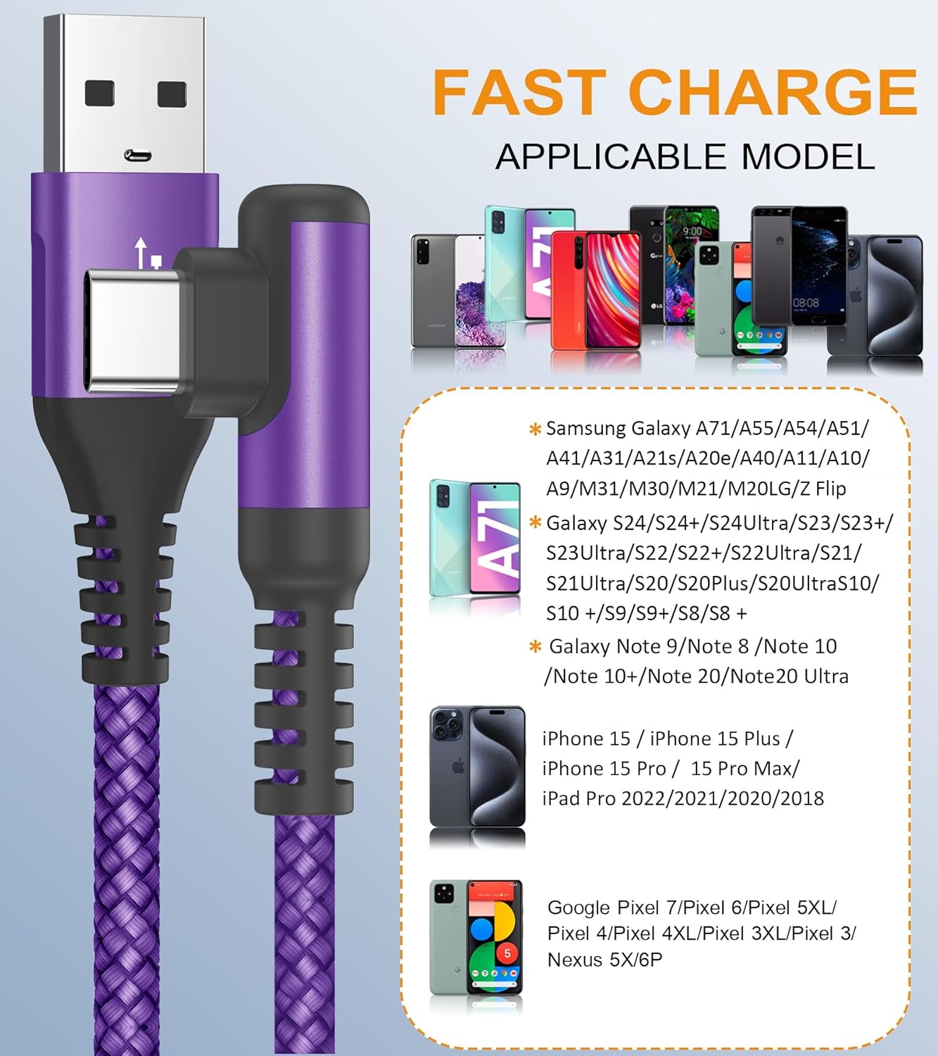 sweguard USB Type C Charger Cable Right Angle [2-Pack,3.3FT] iPhone 16 Charger Nylon Braided Cord for iPhone 15 16 Pro Max Samsung Galaxy S25 S24 S23 S22 S21 S20 S10 S9 Note A15 A55 Flip Pixel LG Moto