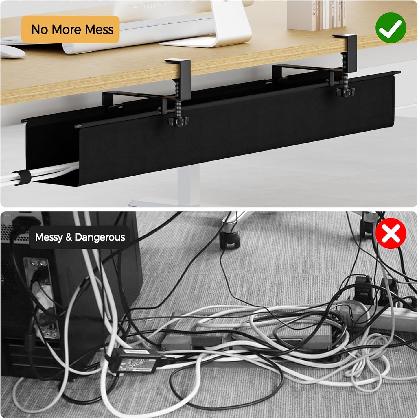 Under Desk Cable Management Tray 39.7" - No Drill Computer Wire Organizer Cable Tray, Cord Hider Clamp Mount with 16X Cable Ties PC Cables Management Cord Holder for Office/Home (Upgrade Fabric,Black)
