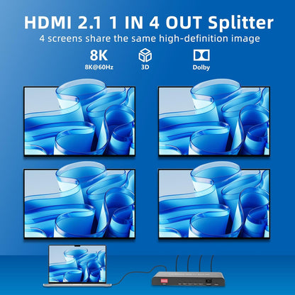 8K HDMI Splitter 1 in 4 Out,with EDID, 3D Stereo, 12-bit Deep Color, 48Gbps, Plug & Play, HDMI Splitter for Windows, Mac, Linux, Projectors, Laptops, Desktops (SP104SKE)