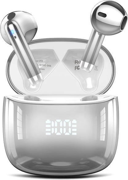 Wireless Earbuds, Bluetooth Headphones 48H Playtime Ear Buds with LED Power Display, IPX7 Waterproof Bluetooth 5.4 Earphones in-Ear Earbuds with 4 Mic for Android iOS Cell Phone Laptop, Silver