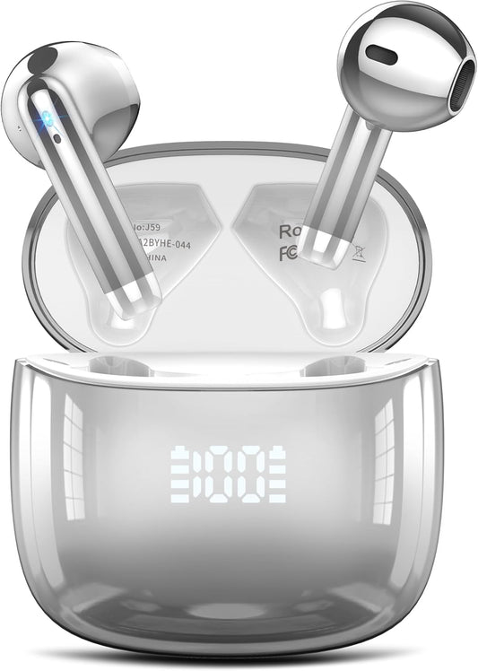 Wireless Earbuds, Bluetooth Headphones 48H Playtime Ear Buds with LED Power Display, IPX7 Waterproof Bluetooth 5.4 Earphones in-Ear Earbuds with 4 Mic for Android iOS Cell Phone Laptop, Silver