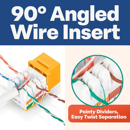 Everest 90° Angled RJ45 Cat6 Keystone Jacks 50-Pack in Yellow - Slim Profile Female RJ45 Connectors - Cat 6 Keystone Jack - Compatible with 90° Angled Speed Termination Tool - easyJACK (B094WB91H3)
