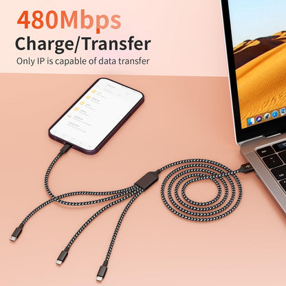 Multi Charging Cable,Dual Type-C Multiple Charger Cable Nylon Braided 4 in 1 Multi USB Cable Charging Cord with IP/Type C/Micro USB Ports for Cell Phones/iPhone/Tablets/Samsung Galaxy & More-1Pack 5Ft