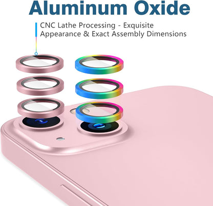 AGVEE 3+3 6 Pack for iPhone 15 6.1" / 15 Plus 6.7" Camera Lens Cover Protector, Metal Ring 9H Tempered HD Glass Camera Cover Protector Film, Pink
