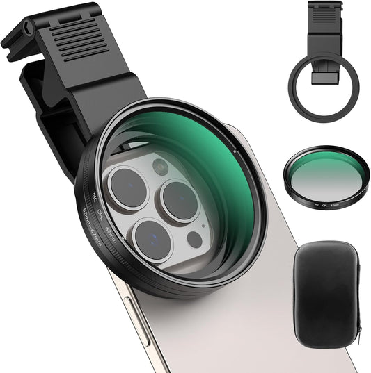 APEXEL CPL Filter 67mm Circular Polarizer Polarizing Filter for iPhone/DSLR for iPhone Camera Lens 16 15 14 13 12 Pro Max Samsung Galaxy Huawei with Adapter Ring, Universal Clip, Cold Shoe