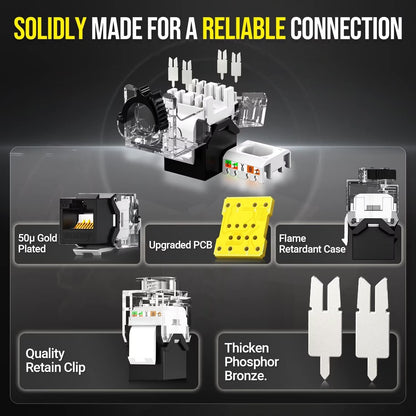 AMPCOM CAT6A UTP RJ45 Keystone Jack 50u Gold Plating Reusable Ethernet Wall Jack with Adjustable Ratchet Lock (No Tool and Zip Tie Required) - Black (12-Pack)