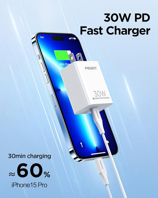 PISEN 30W USB C Charger - USB C Fast Charger Block, PD3.0 Wall Charger with 4FT Type C to L Cable, 30W Power Adapter for iPhone 16/15/14/13/12/11/XR/XS/X Series, iPad