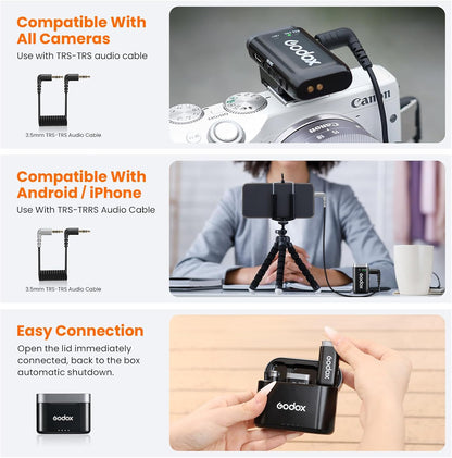 GODOX WEC KIT2 Wireless Microphone for Sony, Cable-Free Hotshoe Mount Lavalier mic, 200m (656ft.) Range, Noise Cancelling Mics, UAC Support Wireless Microphone for PC/Phone/Camera