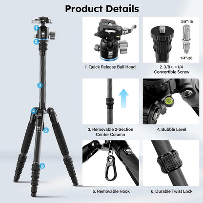 SIRUI Carbon Fiber Travel Tripod - Lightweight 55.1" Compact Tripod with 360° Panorama Ball Head, Quick Release Plate (AM-025K+KS-5)