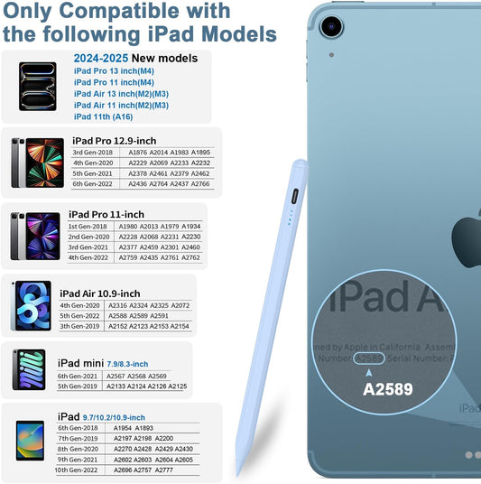 Stylus Pen for iPad 9th&10th - Type-c Charging Pencil for ipad Palm Rejection Active Pen Compatible with (2018-2025) Apple iPad 6/7/8/9/10/11(A16), Air 3/4/5/M2/M3, Mini 5/6, Pro 11"/12.9"/M4（Blue）