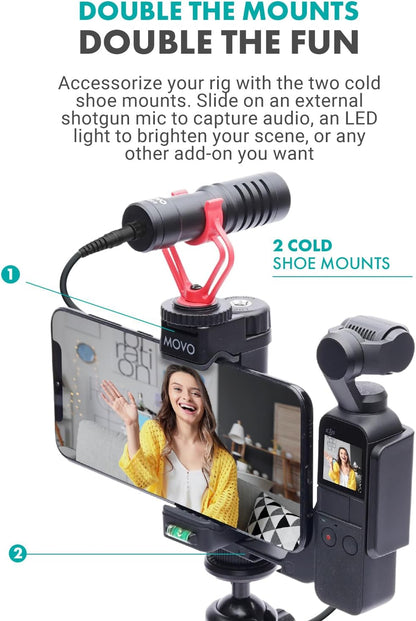 Movo Video Rig Compatible with The DJI OSMO Pocket 1, 2 - Includes Universal Smartphone Mount, Grip Handle, and 2 Cold Shoes for Mounting Microphone, Light - OSMO Pocket Microphone and Video Rig