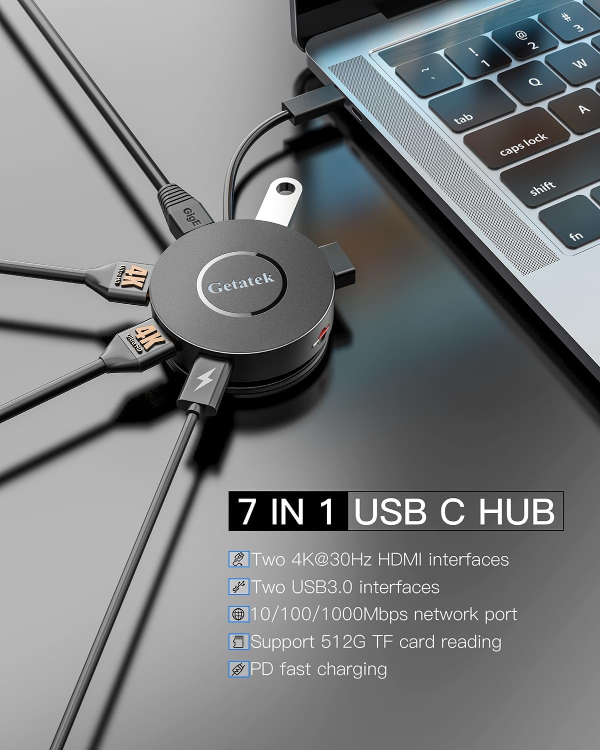 USB C Hub, 7 Ports Type C Multiport Adapter with Dual 4K HDMI, 100W PD Charging, 2* USB 3.0 5Gbps Port,Gigabit Ethernet, TF Card Reader, for MacBook Air, MacBook Pro (USB C Dock Dual HDMI)