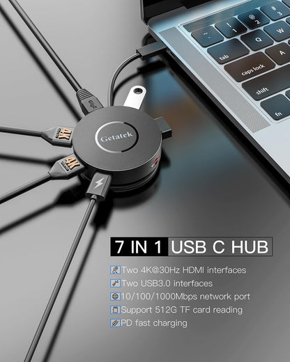 USB C Hub, 7 Ports Type C Multiport Adapter with Dual 4K HDMI, 100W PD Charging, 2* USB 3.0 5Gbps Port,Gigabit Ethernet, TF Card Reader, for MacBook Air, MacBook Pro (USB C Dock Dual HDMI)