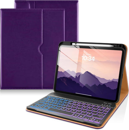 DTTO for iPad 11th (A16)/ 10th Generation Case with Keyboard (2025/2022), 7 Colors Backlit Wireless Detachable Keyboard Leather Folio Cover with Pencil Holder & Pocket, Deep Purple
