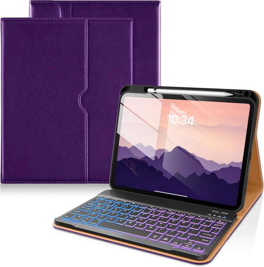 DTTO for iPad 11th (A16)/ 10th Generation Case with Keyboard (2025/2022), 7 Colors Backlit Wireless Detachable Keyboard Leather Folio Cover with Pencil Holder & Pocket, Deep Purple