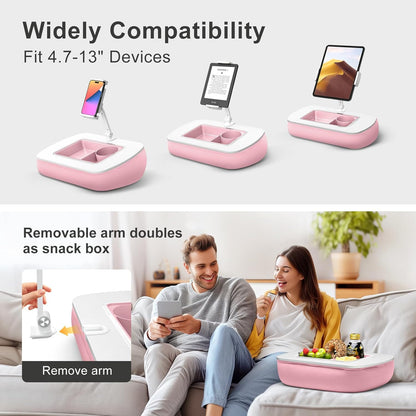 Lap Beanbag Tablet Pillow Stand with Snack Bowl and 360° Rotating Arm, Adjustable iPad Holder for Bed, Couch, and Recliner, Compatible with 4.7"-13" Kindle, iPad, Tablet, Phone,Pink