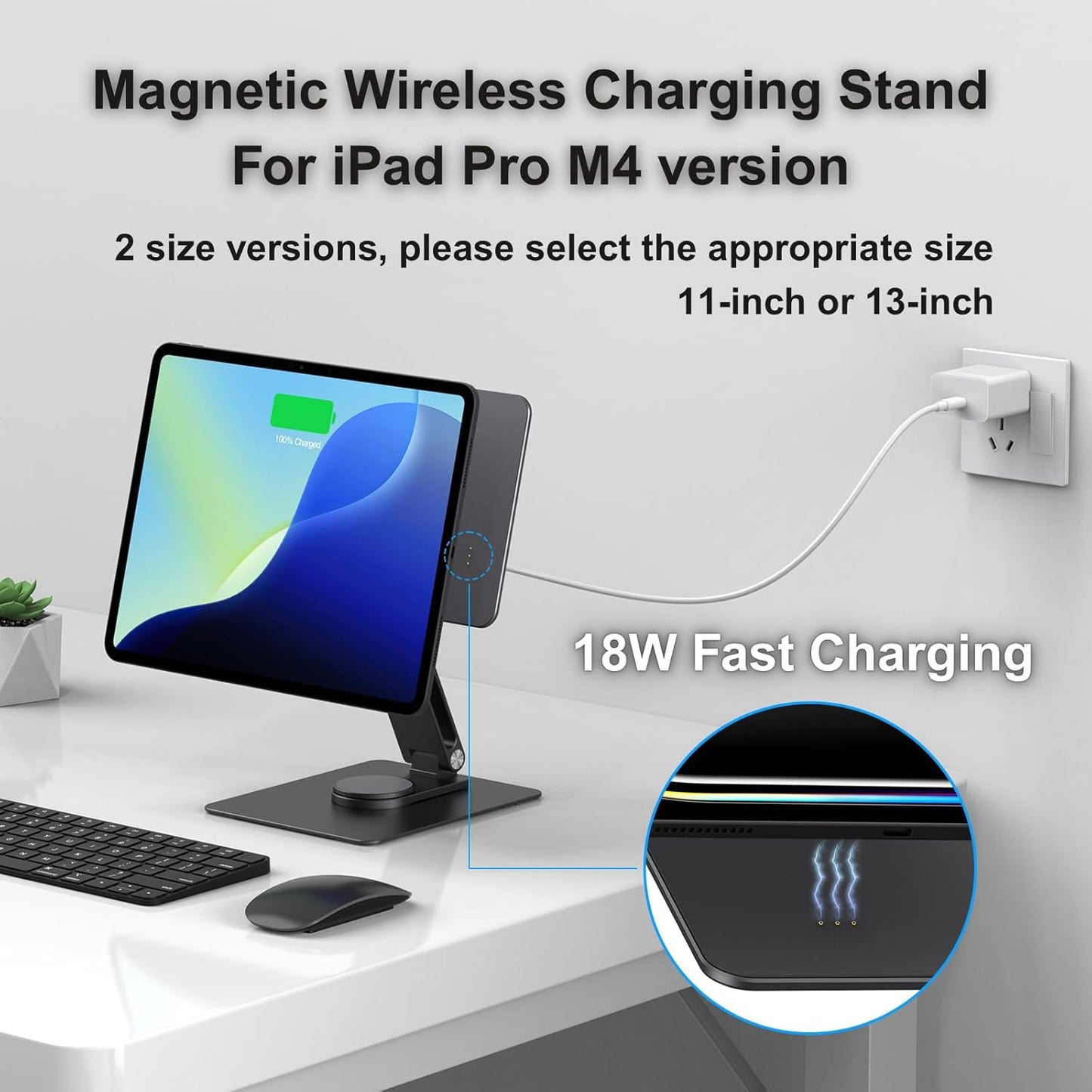 Magnetic iPad Pro M4 13-inch Stand with Wireless Charging 18W, 360° Rotating Aluminum Tablet Holder for iPad Pro M4 13-inch, Adjustable Desk Mount Series (M4-13inch)