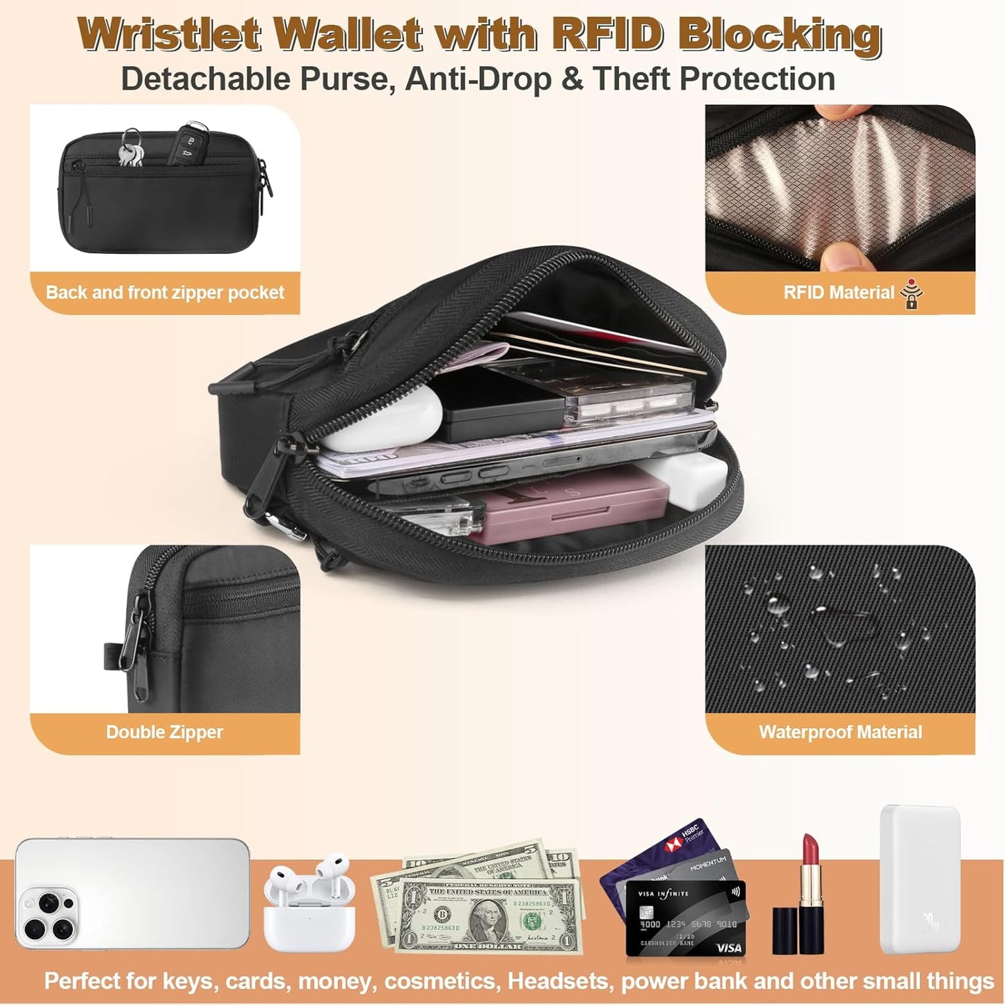 Clip and Go Strap for Phone with Wallet Crossbody, Adjustable Phone Lanyard with Detachable RFID Wristlet Wallet, Pattern Strap - Black (L)
