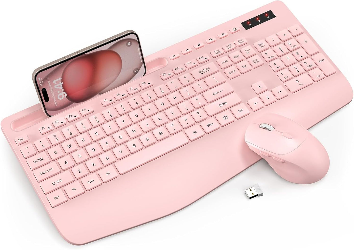 Wireless Keyboard and Mouse Combo - Full-Sized Ergonomic Keyboard with Wrist Rest, Phone Holder, Sleep Mode, Silent 2.4GHz Cordless Keyboard Mouse Combo for Computer, PC, Laptop, Mac, Windows -Trueque