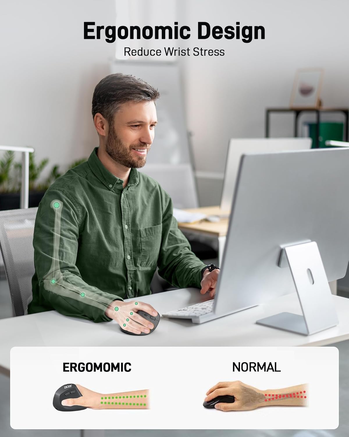 acer Ergonomic Mouse Wireless, Adjustable DPI Vertical Mouse 1000/1200/1600 with 6 Buttons, Rechargeable Ergo Mice with 2.4GHz USB Receiver for Computer, Laptop, PC, iMac and Desktop