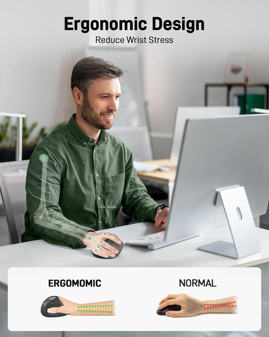 acer Ergonomic Mouse Wireless, Adjustable DPI Vertical Mouse 1000/1200/1600 with 6 Buttons, Rechargeable Ergo Mice with 2.4GHz USB Receiver for Computer, Laptop, PC, iMac and Desktop