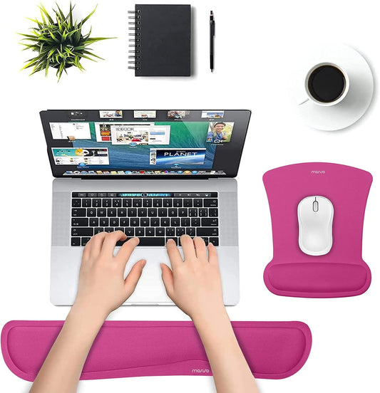 MOSISO Wrist Rest Support for Mouse Pad & Keyboard Set, Ergonomic Mousepad Non-Slip Base Home/Office Pain Relief & Easy Typing Cushion with Neoprene Cloth & Raised Memory Foam, Rose Red