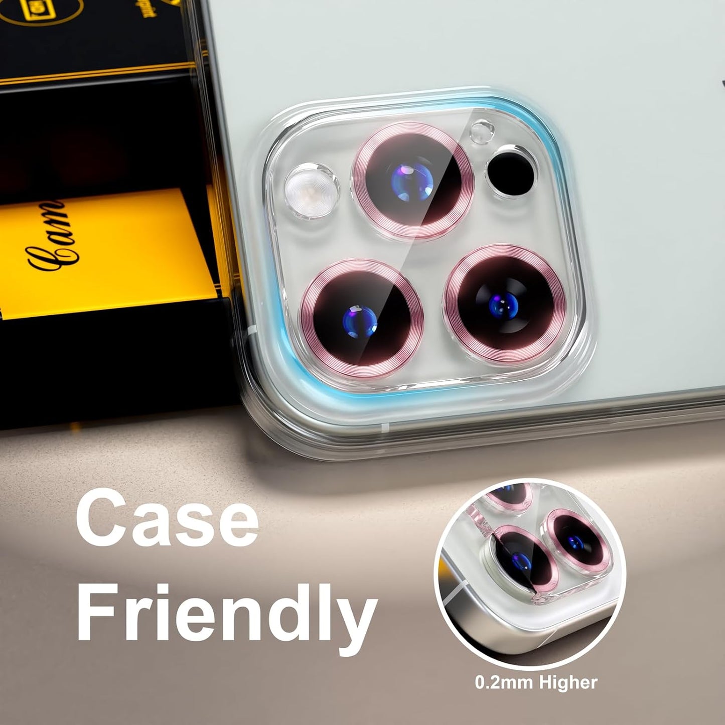 beuxece for 6 Pack iPhone 15 Pro/iPhone 15 Pro Max Camera Lens Protector [Drop Protection] [Case Friendly] [Easy Installation] 9H Tempered Glass Camera Screen Protector Cover, CD Pink