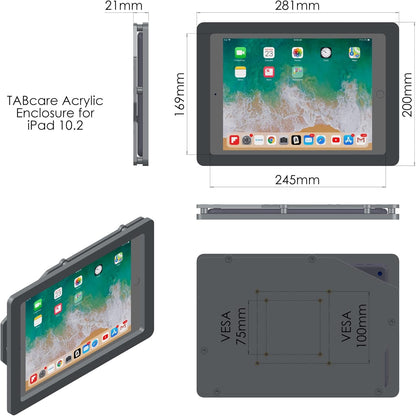 TABcare Anti-Theft Acrylic VESA Enclosure for Apple iPad 7/8/9 10.2" with Free Wall Mount Kit & 90-Degree Angle Charge Cable (iPad 7/8/9 10.2", Black)