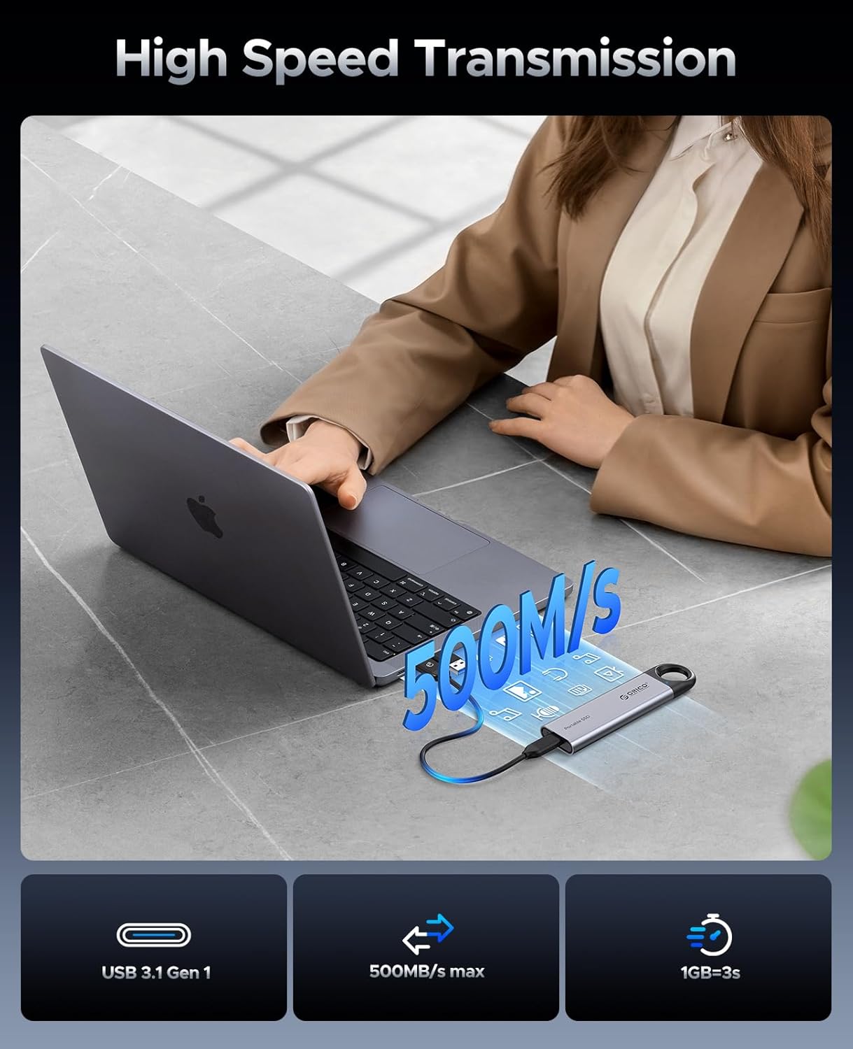 ORICO 4TB Portable SSD, Up to 460MB/s Speed External Solid State Drive, Hanging Hook Design, Plug & Play, USB-C & A 2-in-1 Cable, Portable Storage for Type-C Smartphones, Tablets, Laptops - C5C5