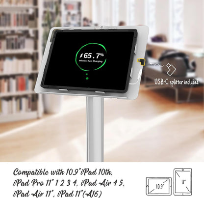 Tablet Floor Stand, Anti-Theft, Rotate Lockable Metal Tablet Enclosure+Aluminum Pole+Metal Base, Compatible with 10.9" iPad 10th, Pro 11" 1 2 3 4, Air 4 5, Air 11", iPad 11"(A16)