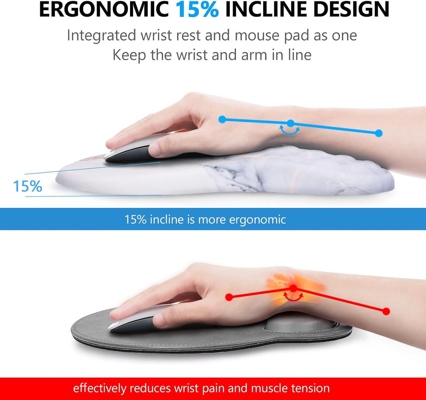 Mouse Pad Wrist Support, Laokiiy 2 in1 Keyboard Wrist Rest+ Ergonomic Mouse Pad, Non-Slip Wrist Rest for Computer Keyboard, Made Easy Typing & Relieve Wrist Pain(White Gold Gray Marble)