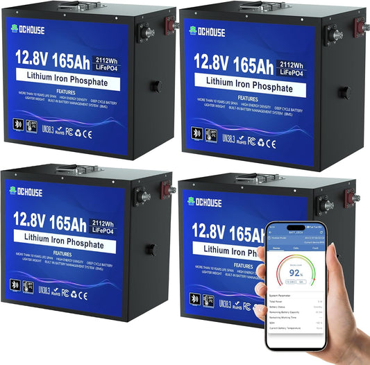 DC HOUSE 12V 165Ah 4Pack LiFePO4 Deep Cycle Battery(48V165Ah), Safer Metal Shell, Bluetooth & Low Temp Protection, Rechargeable Battery for RV, Marine, Solar, Home Energy Storage
