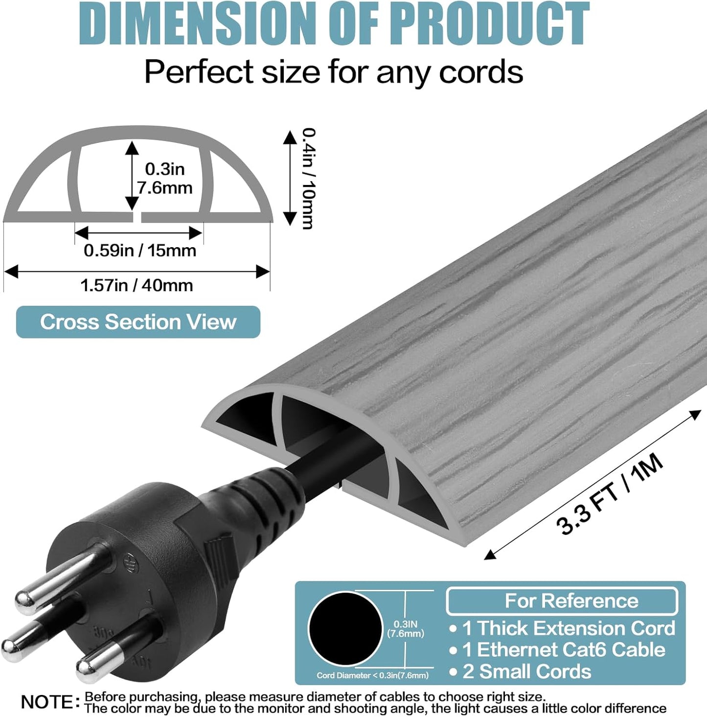 Floor Cord Cover Self Adhesive Cord Hider,3.3FT Cable Management, Extension Strip Protector for Wires, Prevent Cable Trips for Offices, Gyms, Exhibitions Cavity:0.51"(W) x 0.3"(H) Gray Wood