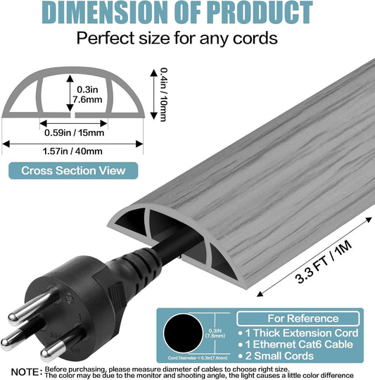 Floor Cord Cover Self Adhesive Cord Hider,3.3FT Cable Management, Extension Strip Protector for Wires, Prevent Cable Trips for Offices, Gyms, Exhibitions Cavity:0.51"(W) x 0.3"(H) Gray Wood