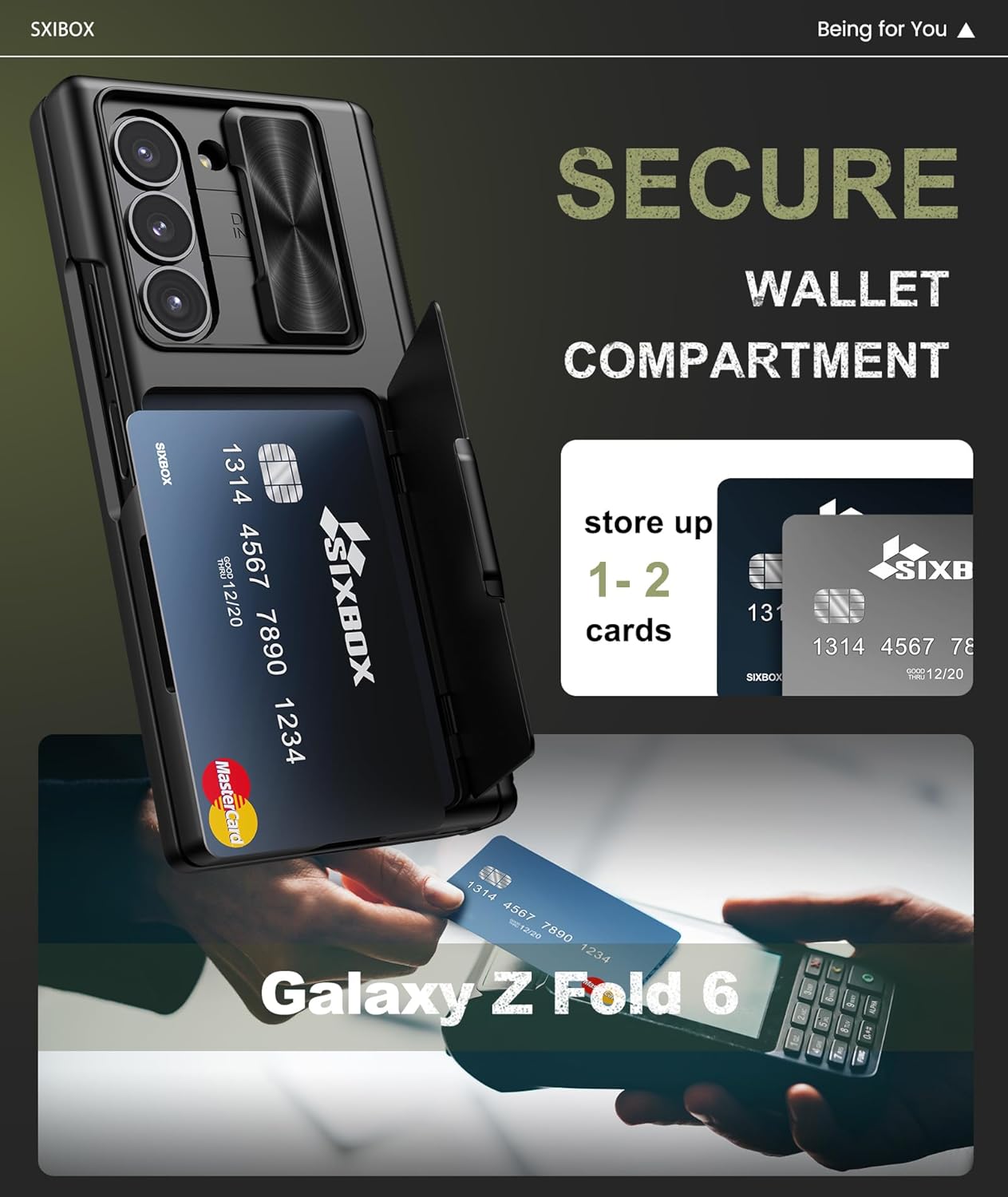 for Galaxy Z Fold 6 Case with Card Holder & Kickstand & Hinge Protection & Sliding Lens Cover, Built-in Screen Protector, Rugged Wallet Phone Case for Samsung Z Fold6, Black