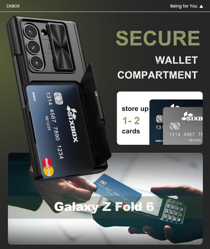 for Galaxy Z Fold 6 Case with Card Holder & Kickstand & Hinge Protection & Sliding Lens Cover, Built-in Screen Protector, Rugged Wallet Phone Case for Samsung Z Fold6, Black