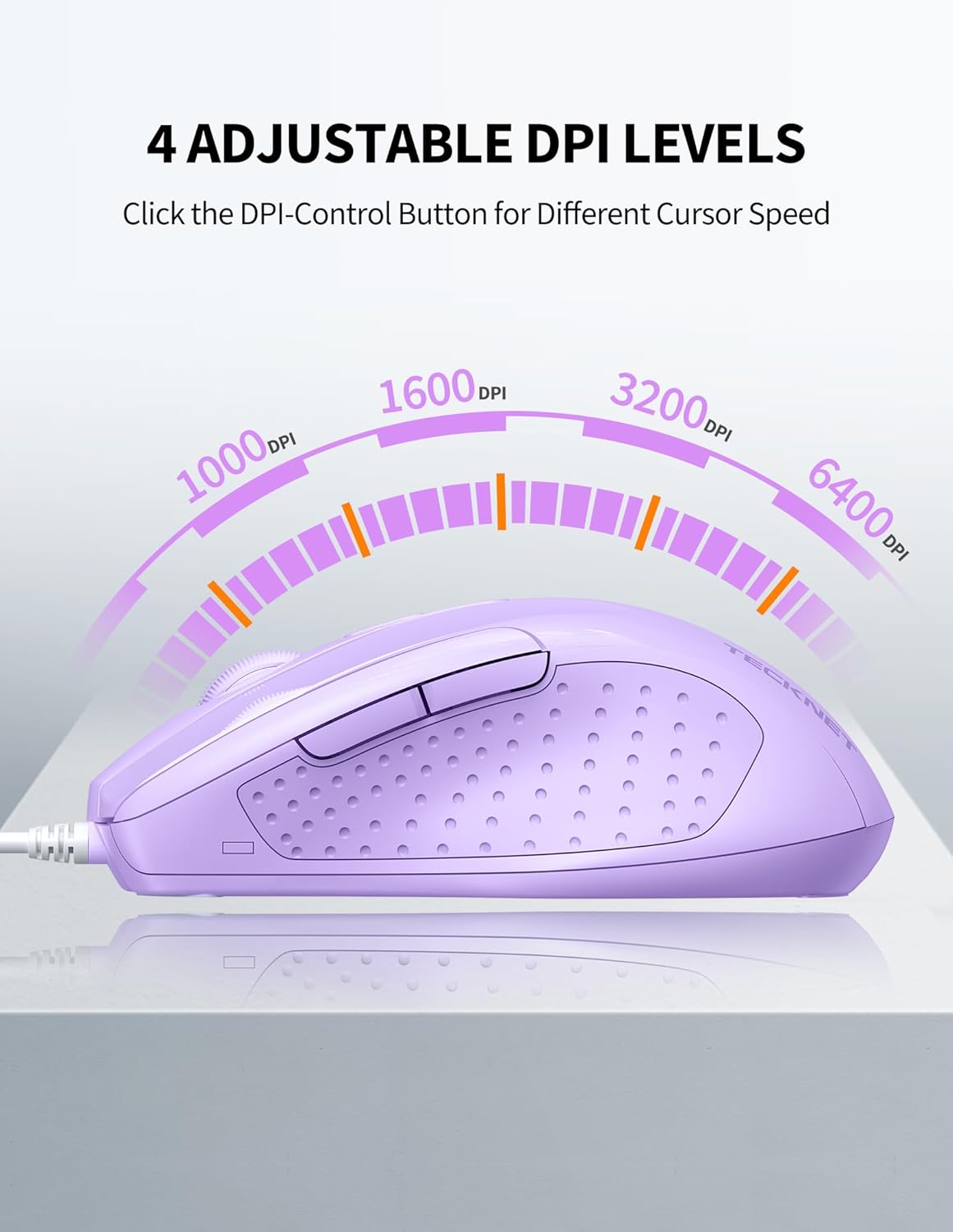 TECKNET Wired Mouse, 6-Button Corded with 4 Adjustable DPI, Optical Ergonomic Design, 5FT Cord for Laptop, Chromebook, PC, Desktop, Mac, Notebook - LT.Purple