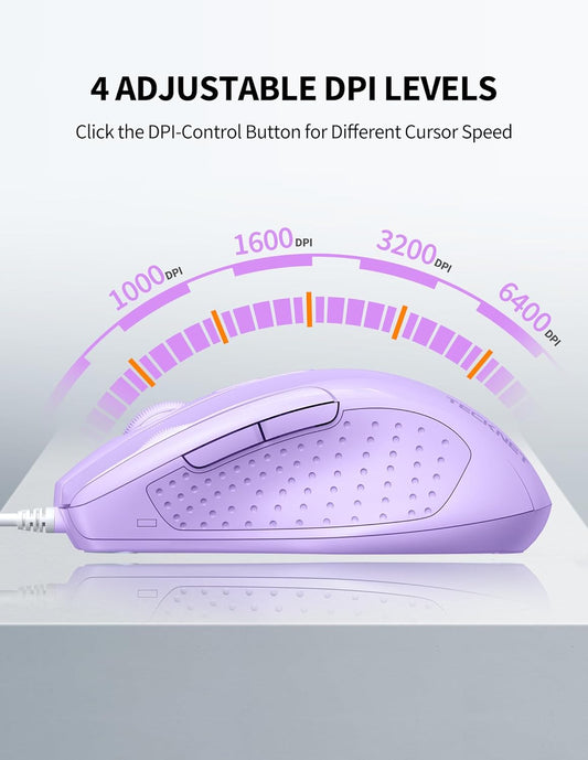 TECKNET Wired Mouse, 6-Button Corded with 4 Adjustable DPI, Optical Ergonomic Design, 5FT Cord for Laptop, Chromebook, PC, Desktop, Mac, Notebook - LT.Purple