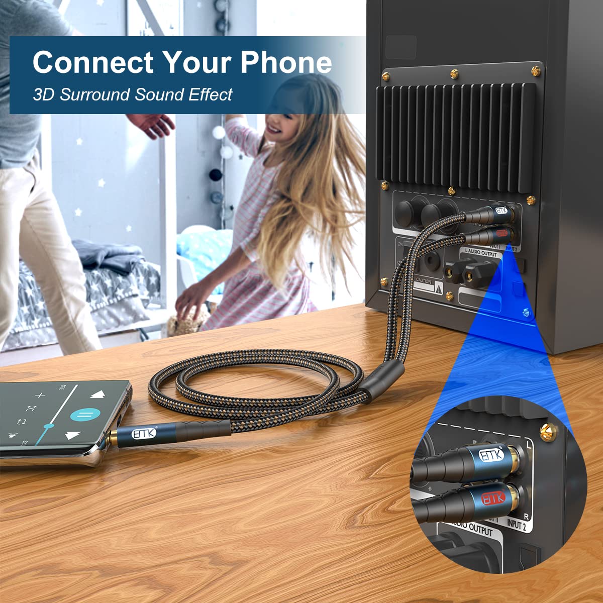 EMK 3.5mm to 2RCA Cable 24K Gold-Plated Nylon Braided RCA to Auxiliary Stereo Audio Headphone Male to Male 1/8 to RCA Cord for Tablet,Subwoofer,Home Theater,DVD Speaker,MP3/MP4,Player 3.3ft/1m