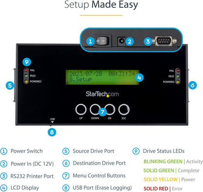 StarTech.com 1:1 Standalone Hard Drive Duplicator and Eraser, SAS/SATA HDD/SSD Cloner/Copier, Hard Drive Duplicator/Sanitizer, Harddisk/Harddrive Wiper, LCD, Toolless, TAA Compliant (SATSASDUPE11)
