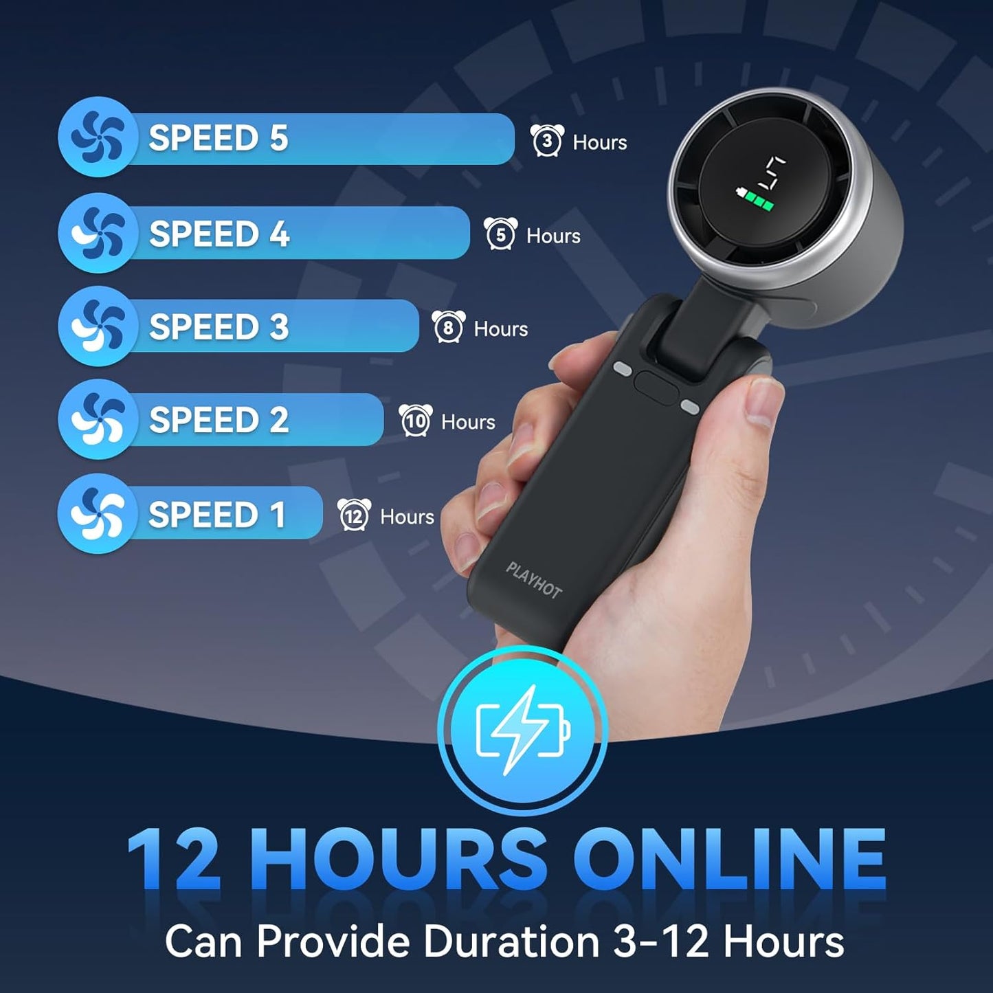 Portable Handheld Turbo Fan, 5 Gear Wind, Battery Operated, Up to 12 Working Hours, 3 IN 1 Hand Fans with Air Turbo Tech Cooling Fan for Outdoor Activities, Travel, Beach (Black)