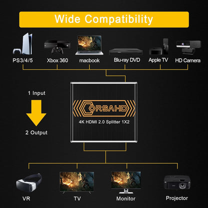 4K@60Hz HDMI Splitter 1x2 4:4:4,18 Gbps,Supports Soundbar,HDCP Bypass,EDID,Duplicate/Mirror/Copy,Downscale, HDR,Dolby Vision Atmos,4K HDMI Splitter 1 in 2 Out for Dual Monitors