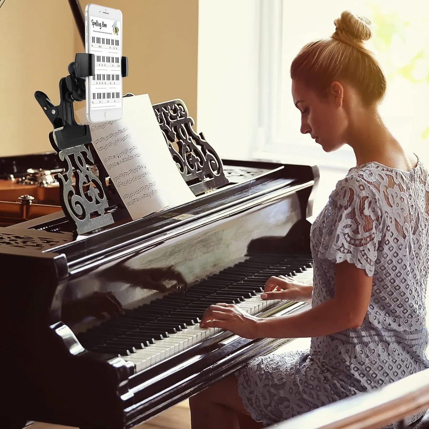 Clamp Phone Stand Holder for Desk/Table/Glass/Baffle/Easel/Guitar Head,360°Adjustable Aluminium Alloy Arm Metal Phone Mount,Compatible with iPhone/Nexus/HTC/LG/Huawei/Smart Phones