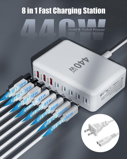 USB C Charger Block 440W Charging Station Hub,8 Port GaN III Fast Charging Brick with 5ft Extension Cord,PD QC PPS 100W Laptop Power Adapter for MacBook Pro/Air,iPhone 16/15,Samsung Galaxy,Dell etc