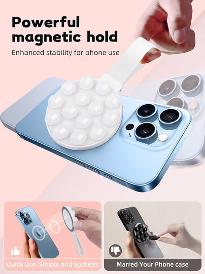 Magnetic Suction Phone Case Mount, Silicone Suction Cup Grip Stand for MagSafe Case, Hands-Free Phone Holder for iPhone 16/15/14 Pro Max, TikTok Videos, Selfies, Women Gift (Light Pink)911001A (White)