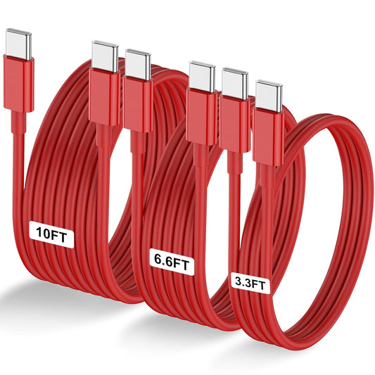 3-Pack Red [3.3FT+6.6FT+10FT] 60W USB C to USB C Cable, Type C Fast Charging Cable for iPhone 15/16, Galaxy S23/S24, iPad Pro/Air, MacBook Pro/Air and More